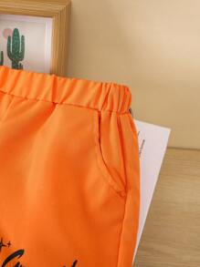 Baby Bo Solid Color Single-Breasted Hoodie And Shorts Set, Text Print - Burnt Orange - View 5