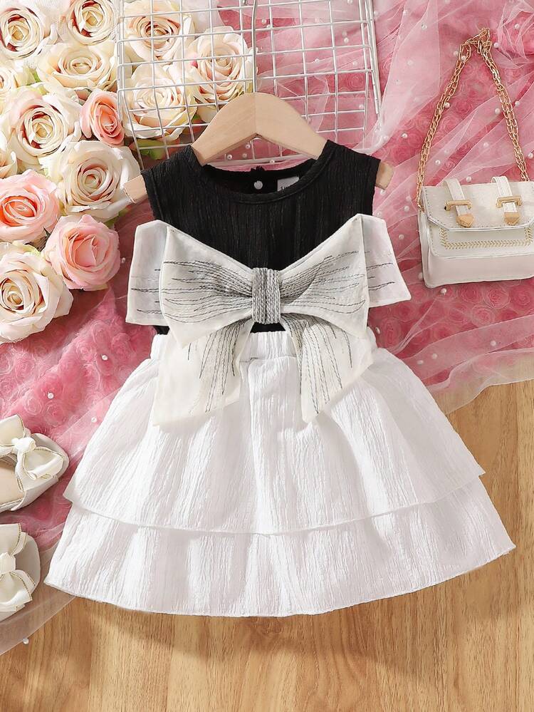 New Summer Casual And Elegant Baby Girl Sleeveless Round Neck Comfortable Dress With Elastic Waist And Bow Knot Decoration, Double Layered