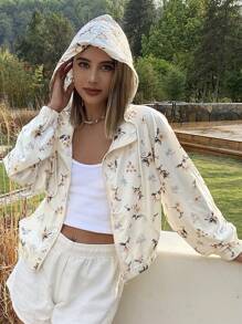 Livesso Floral Print Zipper Hooded Jacket With Drawstring Summer - White - View 4