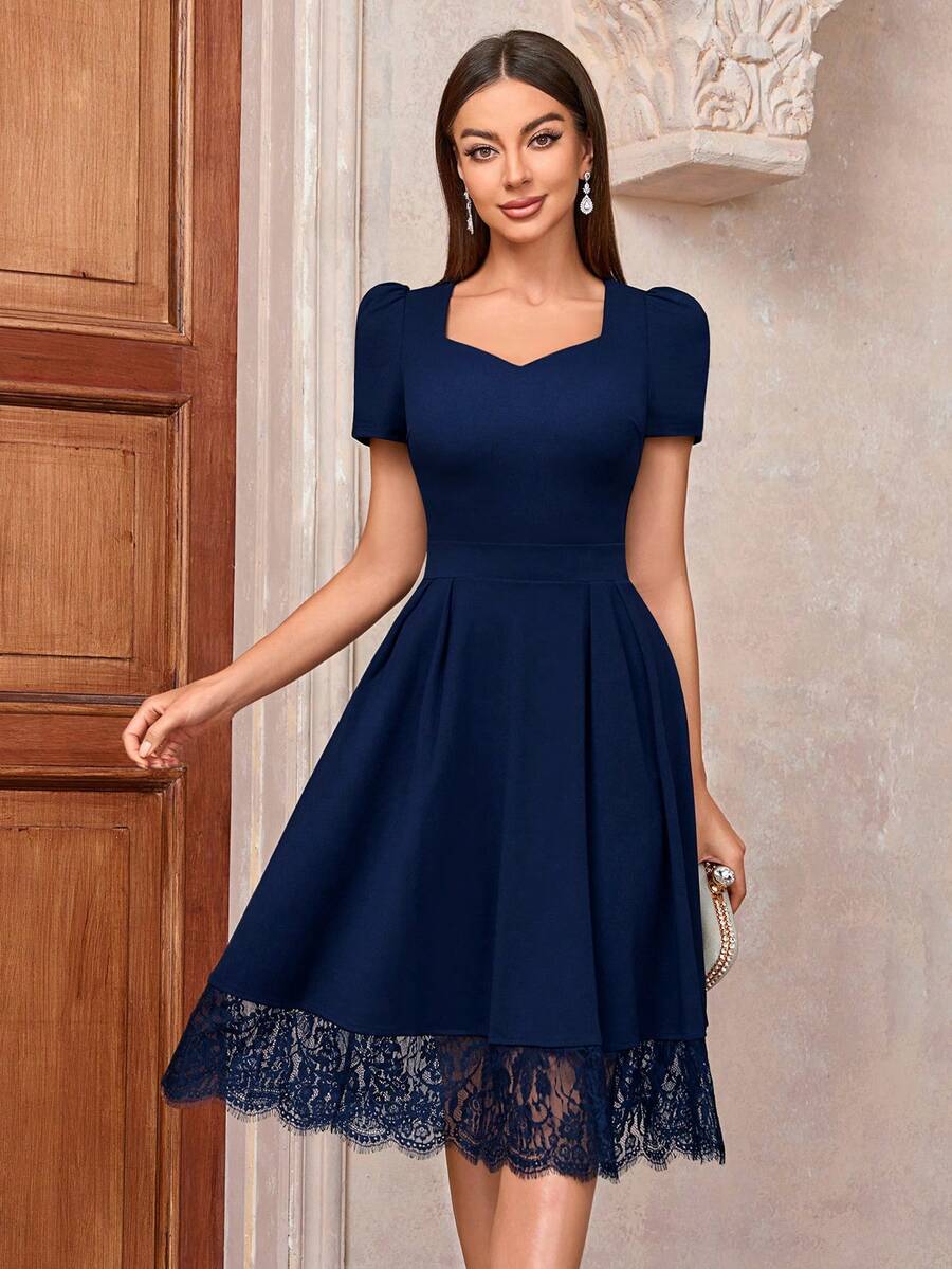 MIUSOL Sweetheart Neck Puff Sleeve Contrast Lace Dress