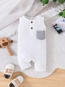 2pcs/Set Casual Baby Boy Color Block Short Sleeve Romper With Pocket