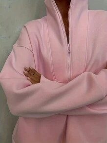 SHEIN EZwear 半拉鏈落肩袖衛衣和衛褲 - 粉色 - 查看 3