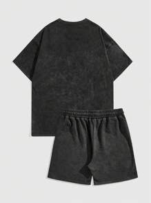 ROMWE MEN Men Minimalist Printed Round Neck Short Sleeve T-Shirt And Shorts Set, School