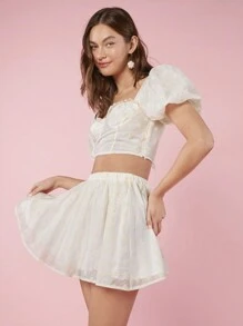 Enchnt Women Fashionable Short Puff Sleeve Top And Skirt Summer Two-Piece Outfits Set, For Music Festival