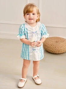 SHEIN 夏天寶寶女孩可愛甜美條紋短袖上衣和短褲套裝