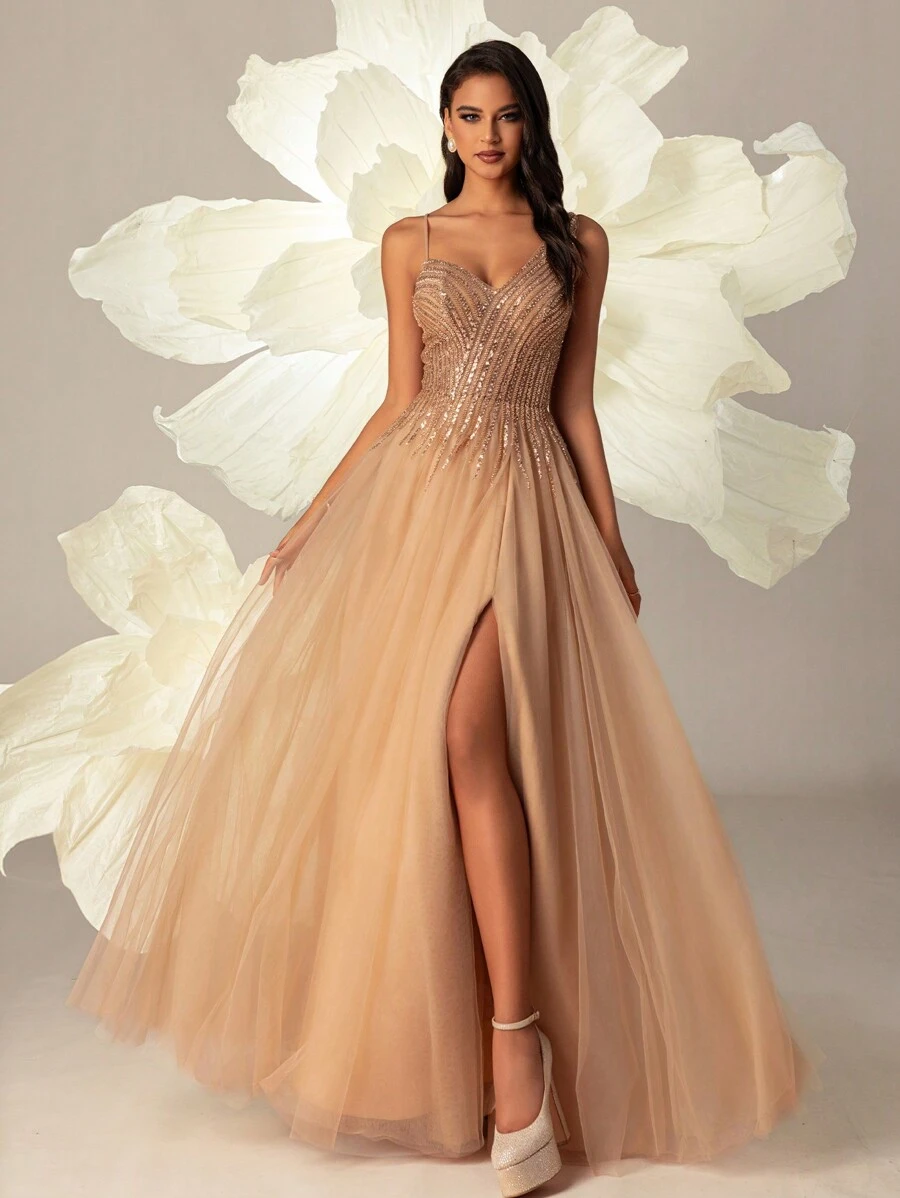 VIPGIRL Women Elegant Contrast Sequin Mesh Slit Cami Party Prom Dress Formal Evening Wedding Guest Gown, For Graduation, Dinner - Brown - View 1