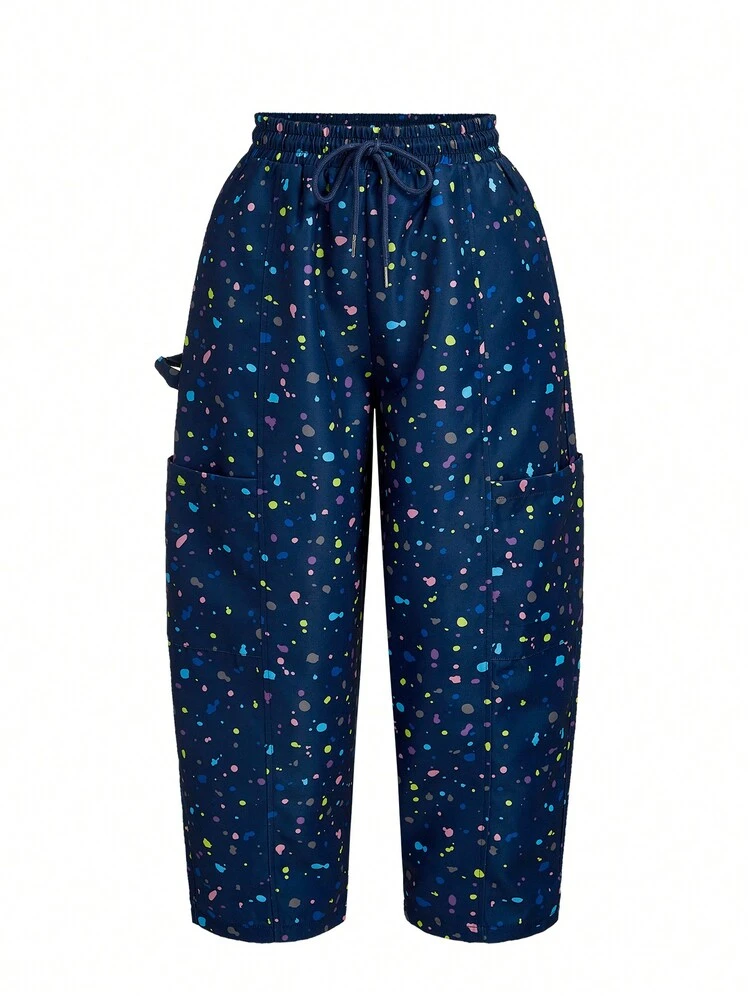 Designer Boho Bohemian Women's Elastic Waist Ink Splash Print Pants, For Holiday, Vacation, Spring, Festival, Ibiza Fits