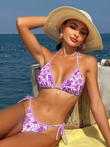 SHEIN Swim 分體泳衣，隨機印花，版權已購買 - 紫色 - 查看 1