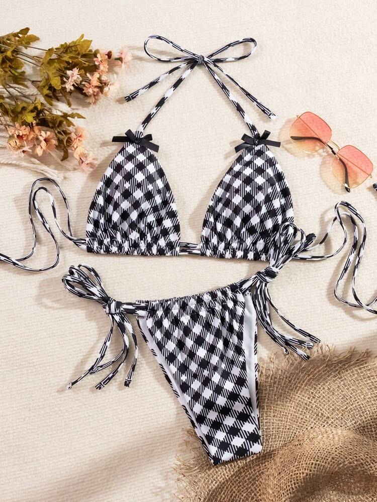 Summer Women Plaid Print Bow Detail Bikini Set