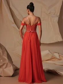 VIPGIRL 優雅橙色透視網紗高腰女晚禮服 - 橘色 - 查看 2