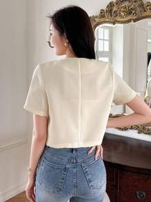 DAZY Women's Casual Solid Color Short Sleeve Jacket School - Beige - View 5
