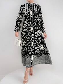 Mulvari Women Geometric Print Stand Collar Long Lantern Sleeve Arabian Modest Dress