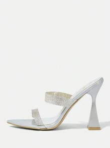SheIn Belle Women's Pointed Toe High-Heel Sandals With Rhinestone Straps, Shiny And Sexy