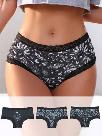 Goth 3pack Snake Print Contrast Lace Panty Set