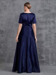 Abito da sera lungo in raso con scollo a V, abito elegante per la madre della sposa - Blu Navy - Visualizzare 2