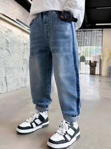 Tween Boys' Jeans With Letter Patch Decoration