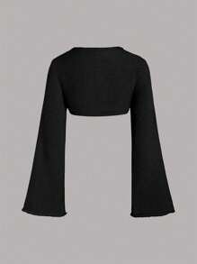 SHEIN Unity Chaqueta de punto corta con mangas de campana y frente abierto en unicolor para mujeres en primavera y otoño - Negro - Ver 2