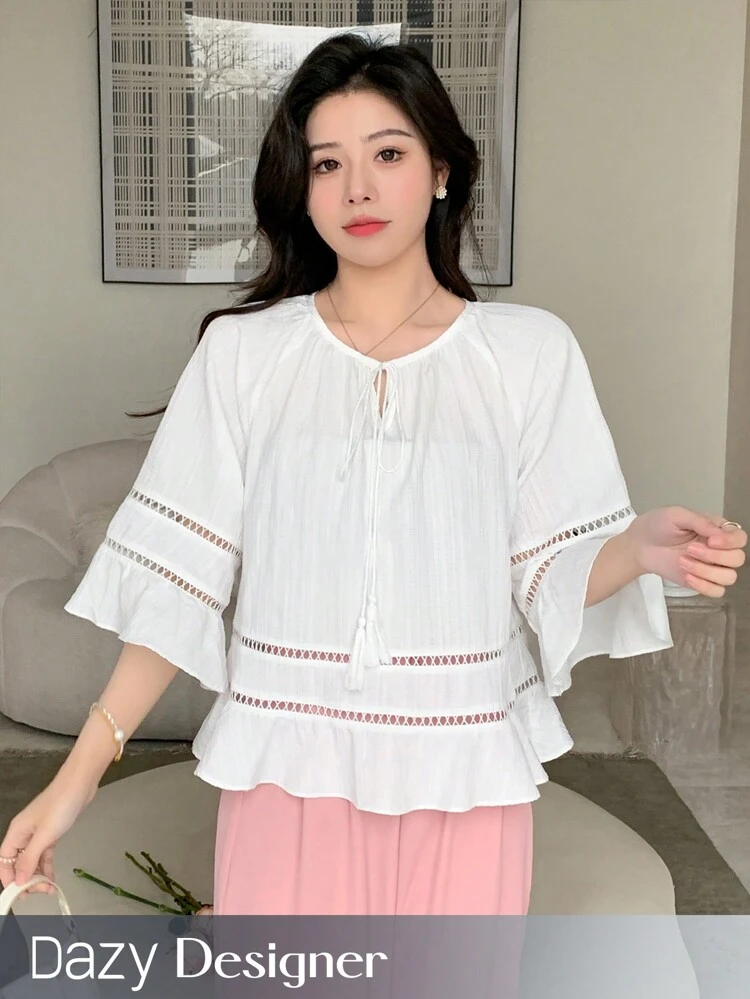 Ladies" Hollow Out Design Solid Color Shirt With A Sense Of Design,Ruffle