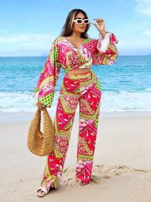 VaVaBold Conjunto de camisa de manga larga Vintage Floral de cuello en V y pantalones largos para mujer, verano