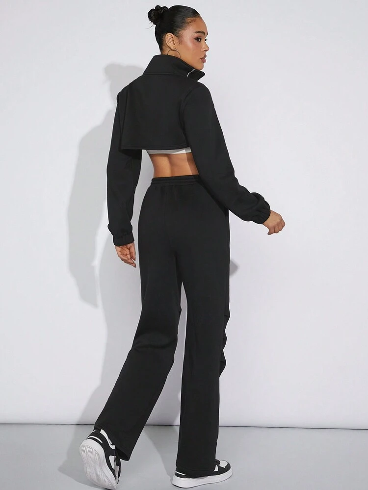 Zip Crop Sweatshirt & Sweatpants Two Pieces Set