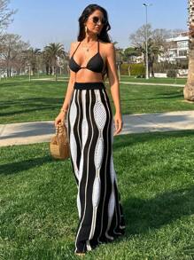 EURMUSE Knit Skirt With Ripple, For Summer Beach Vacation - Black and White - View 4