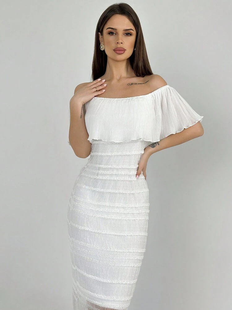Elegant Off Shoulder Lace-Up Dress With Ruffle Trim And Side Slit