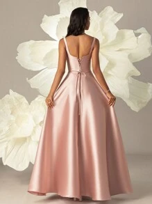 缎面高腰修身女士晚礼服优雅正式舞会婚礼宾客礼服，适合毕业典礼、晚宴派对礼服 - 藕粉色 - 查看 2
