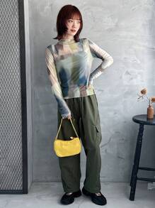 FRIFUL 女士扎染网眼生菜边长袖上衣，透明，秋季女装高领衫