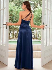 MUXXN 1950s Vintage Satin One-Shoulder Cocktail Dress, Elegant Formal Evening Gown Suitable For Galas, Weddings, Graduations And Other Formal Occasions Party Spring - Navy Blue - View 2