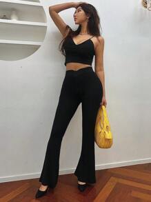 DAZY Quần ống loe lưng chữ V màu trơn cho nữ, phù hợp cho mùa xuân và mùa hè, quần váy cho nữ - màu đen - Xem 2