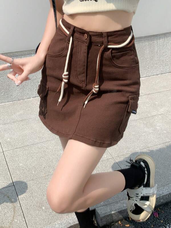 Women's Casual Fashion Drawstring Workwear Pocket Denim Skirt