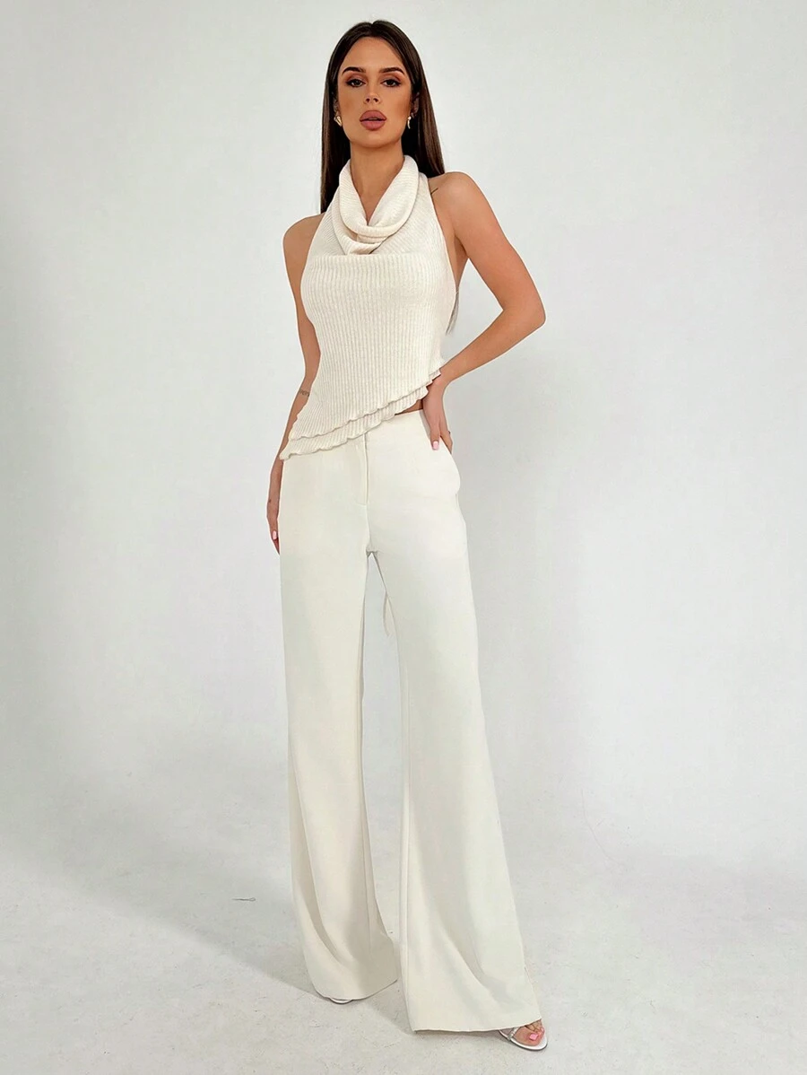 Aloruh 大露背擺式領口雙肩帶不對稱下擺背心 - 杏色 - 查看 1