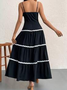 Firerie Vestido midi de tirantes finos con bloqueo de color negro y blanco en estilo línea A, perfecto para vacaciones - Negro - Ver 2