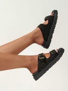 女士简约黑色厚底凉鞋