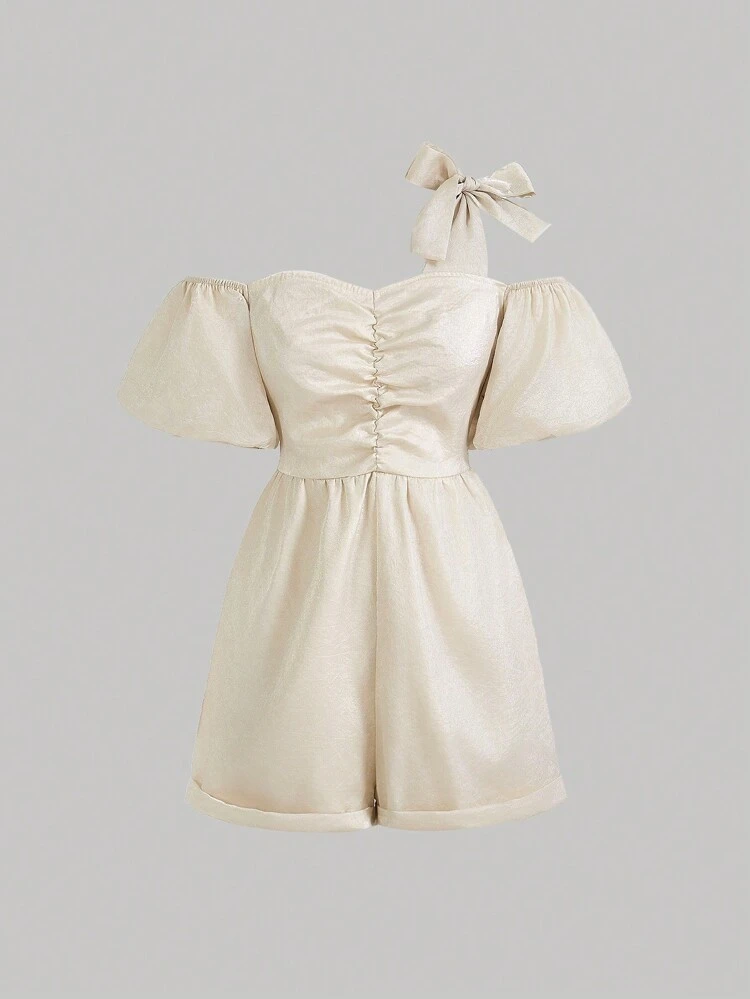 Summer Soft Puff Sleeve Off Shoulder Back Zip Solid Color Women Jumpsuit