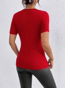 Chiquease 情人节红色短袖圆领/V领T恤女新年衣服 - 紅色 - 查看 2