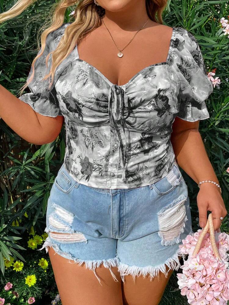 Plus Size Bubble Sleeve Sweetheart Neck Short Sleeve Shirt With Cutout Design For Summer