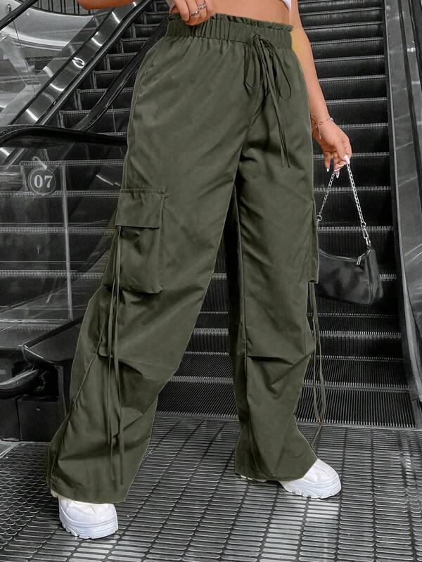 Flirla Pantaloni cargo de culoare solidă de mărime mare, cu design cu șnur