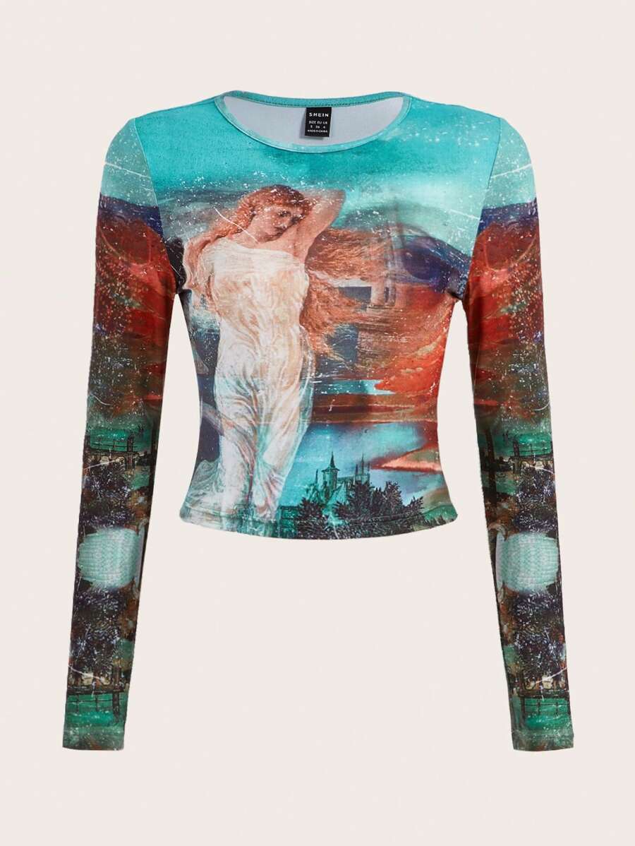 SHEIN ICON 人像圖案短款T恤 - 彩色 - 查看 1