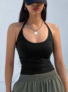 DAZY Parte superior de verano holgada de unicolor, minimalista y con cuello halter redondo grande para mujer - Negro - Ver 1