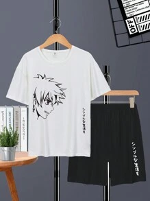 Camiseta De Manga Corta Con Cuello Redondo Y Pantalones Cortos Para Niño Adolescente Con Retrato De Dibujos Animados Y Estampado De Caracteres Japoneses - Blanco - Ver 1