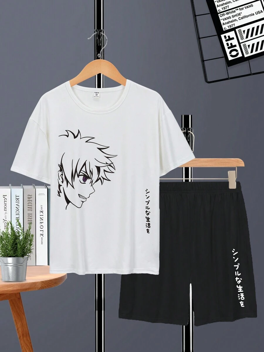 Camiseta De Manga Corta Con Cuello Redondo Y Pantalones Cortos Para Niño Adolescente Con Retrato De Dibujos Animados Y Estampado De Caracteres Japoneses - Blanco - Ver 1