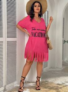 SHEIN VCAY Damen Große Größen Boho Sommer Kleid mit Slogan Aufdruck, V-Ausschnitt und Fransensaum für Strand Urlaub