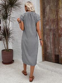 EMERY ROSE Women Loose Short Sleeve Plaid V-Neck Shirt Dress Summer Dress