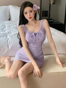 DAZY 女士极简性感抽绳修身家居服 - 紫色 - 查看 1