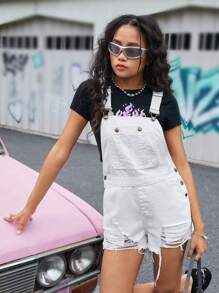 SHEIN Teen Girl Washed Denim Overalls, Casual, Fashionable, Distressed, Comfortable, All-Match, College Style