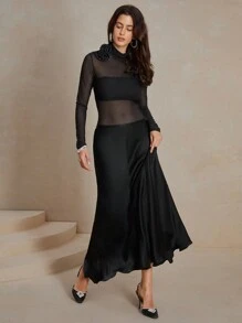 SHEIN Allurite Women Fitted Sheer 3D Rose Long Sleeve Blouse
