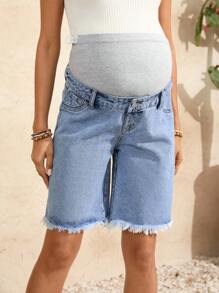 SHEIN Maternity Elastic Summer Denim Shorts - Light Wash - View 3