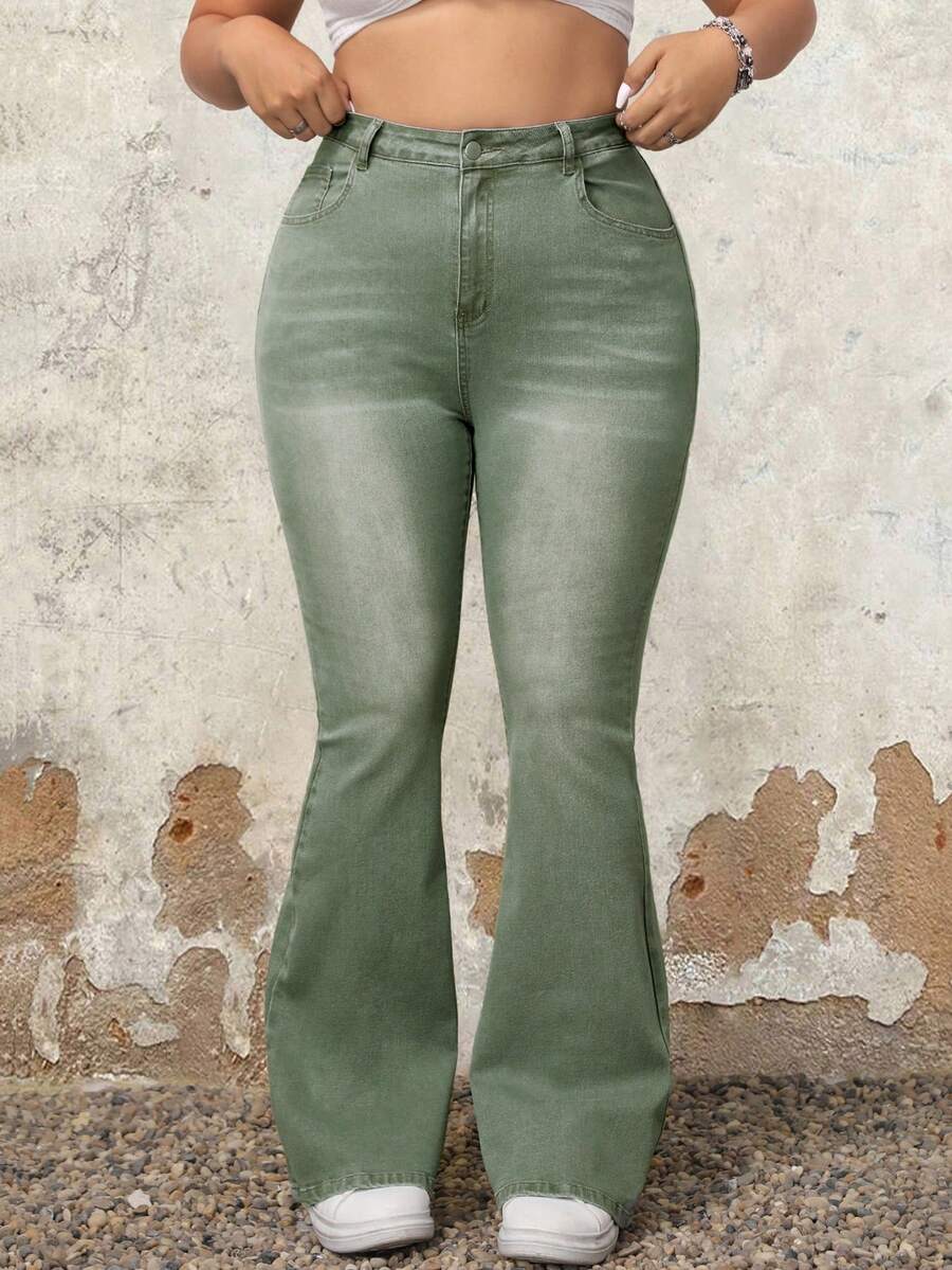 SHEIN ICON Plus Size Nữ Quần Jean Ống Loe Thường Ngày Có Túi - màu xanh lá - Xem 1
