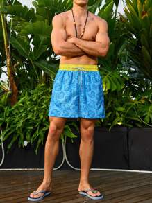 Manfinity Men Color Block Drawstring Cartoon Print Summer Beach Shorts